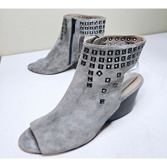 Donald Pliner 10M Gray studded suede leather Janesp Peep toe Booties Zip closure - Picture 1 of 16